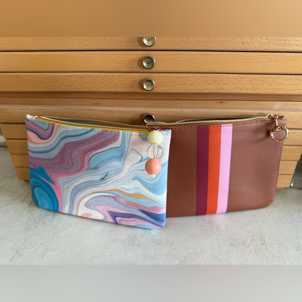 Ipsy Glam Bag Set of 2 Zip Pouches Brown Striped & Marble Print
